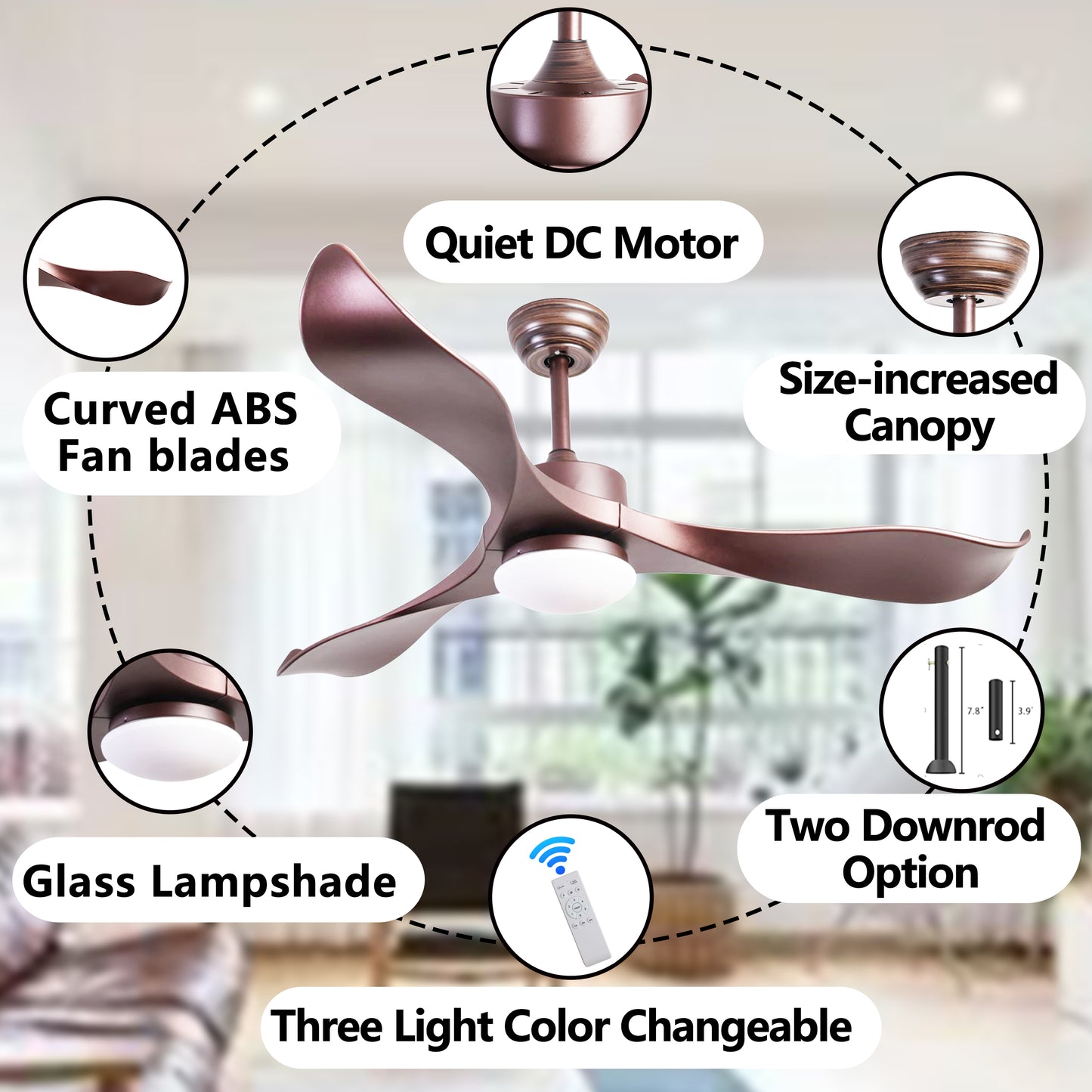 52 inch Ceiling Fans with Lights, 3 ABS Fan Blades, Classical Style Fan with Remote Control, Noiseless Reversible DC Motor for Patio/Bedroom